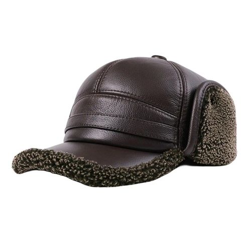 Chapeau De Bombardier À Oreillettes Pour Homme,Casquette D'hiver Chaude En Cuir De Vache,Noir Et Marron