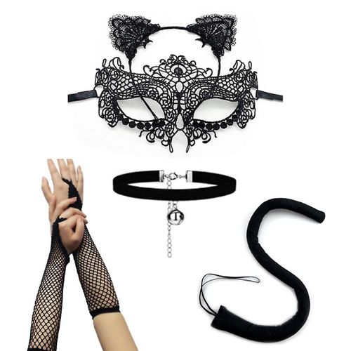 Pack De 5 Dentelle Masque Noir Creux Coeur Choker Collier Mesh Gants Tails Kit