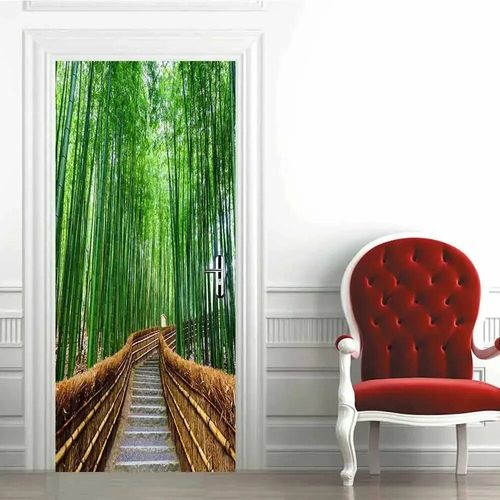 Papier peint auto-adhésif paysage forestier pour portes,autocollant de porte 3D en bois rétro,décoration de salon et de chambre à coucher,affiche étanche