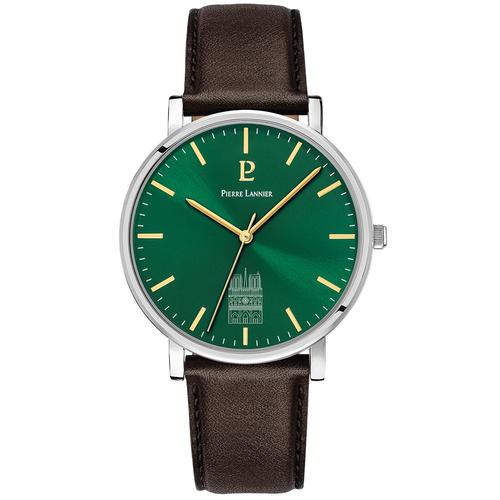 Montre Homme Coeur Battant Argenté Cadran Vert Bracelet Cuir Brun 20 Mm