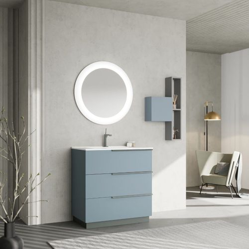 Meuble De Salle De Bain Sur Pied 80cm 3 Tiroirs Bleu Clair Mat Et Miroir | New York