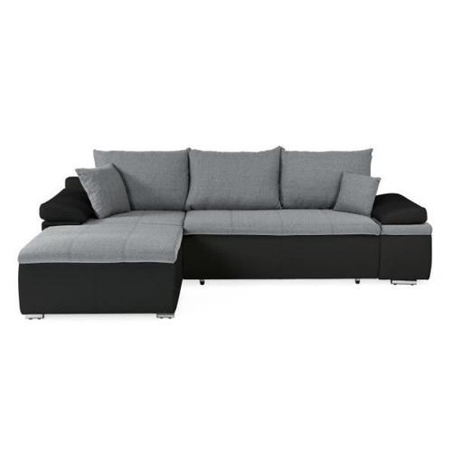 Canapé D'angle Réversible Convertible 3 Places+Coffre - Simili Noir Et Tissu Gris - L 274 X P 184 Cm - Celina - Fabriqué En U