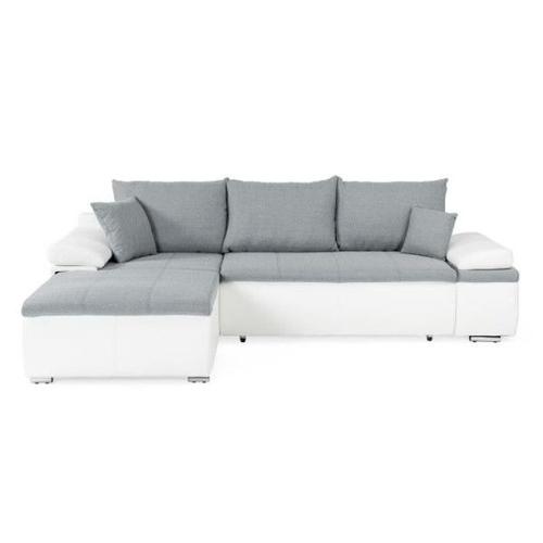 Canapé D'angle Réversible Convertible 3 Places+Coffre - Simili Blanc Et Tissu Gris - Celina - L 274 X P 184 Cm - Fabriqué En