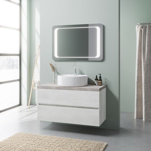 Armoire De Toilette Murale 100cm Chêne Et Beton, Vasque À Poser, Miroir À Led | Elba