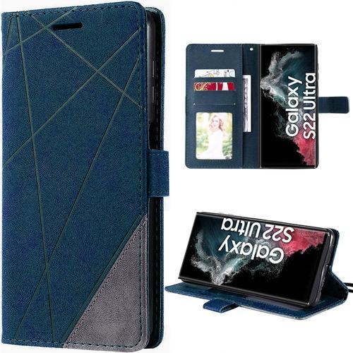 Coque Pour Samsung Galaxy S22 Ultra - Protection Antichoc Anti-Rayure Effet Cuir Bleu Marine - E.F.Connection