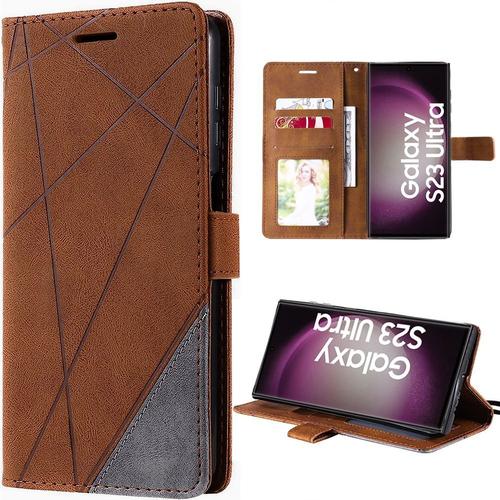 Coque Pour Samsung Galaxy S23 Ultra - Effet Cuir Marron Antichoc Protection 360° Avec Rangement Carte - E.F.Connection