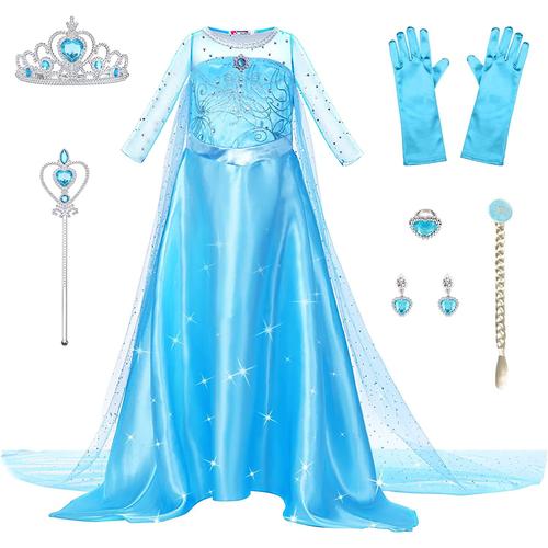 Elsa Dress Costume De Princesse, Elsa Anna Dress Up Pour Les Filles, Avec Accessoires Gants Couronne Baguette Tresse Robe Longue Costume Pour Fête/Reconstitution Historique Taille 100-150cm