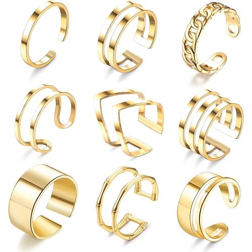 9 Pièces Bague Femme Argent/Or/Or Rose Acier Inoxydable Boho Bague Ouvert Minimaliste Empilables Bague Phalange Ensemble Bijoux Femme