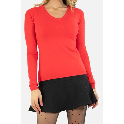 Pull Col V En Maille Rouge Femme
