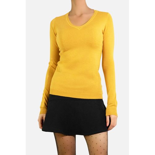 Pull Col V En Maille Jaune Femme