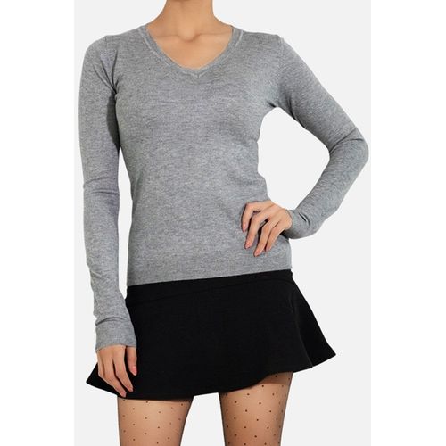 Pull Col V En Maille Gris Femme
