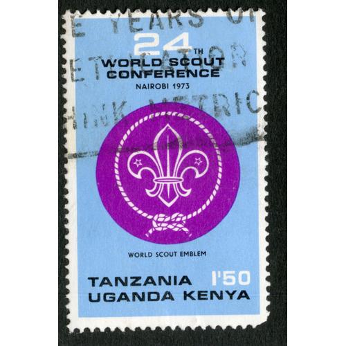 Timbre Oblitéré Tanzania, Uganda, Kenya, 24th World Scout Conference Nairobi 1973, World Scout Emblem, 1,50