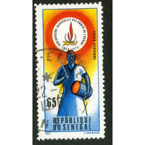 Timbre Oblitéré République Du Sénégal, Poste Aérienne, Déclaration Universelle Des Droits De L'homme 1948-1973, 65 F, Van Noten