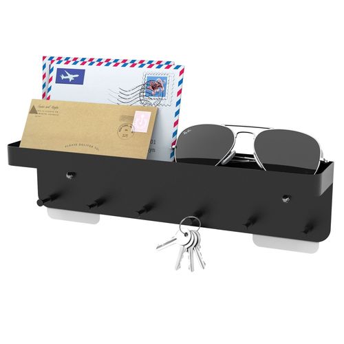 Intirilife Porte-Clés Avec Étagère En Noir - Autocollant - Rail De Crochet Pour Le Mur Avec 6 Crochets Et Étagère