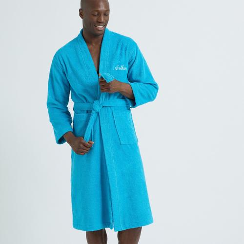 Peignoir Mixte Adulte Uni Coton Éponge Bouclette Col Kimono Personnalisé - Colombine - Turquoise