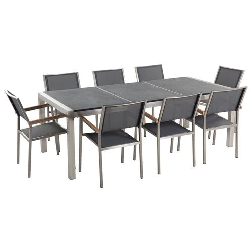 Table De Jardin Acier Inox Plateau Granit Triple Noir Flambé 220 Cm Avec 8 Chaises En Textile Gris Grosseto