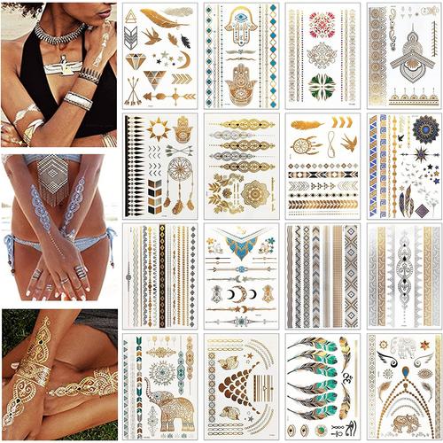 Tatoo Temporaire Doré Été, 16 Feuilles Tatouages Autocollant Doré Temporaires Tattoos Étanche Faux Tatouages Motifs Classique Variés Pour Plage, Festival De Musique Et Fête 