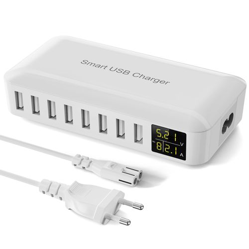 Chargeur Usb Multiple, 8-Ports Chargeur Usb Rapide, Prise Usb Secteur, Station De Charge Usb Avec Écran Led, Usb Charger Pour Iphone 16/15/14/13/Pro/Max, Ipad, Samsung Galaxy S24 S23, Tablet-Blanc