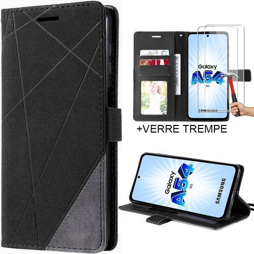 Coque Pour Samsung Galaxy A54 5g Flip Case Support Synthécuir Noir Et 2 Verres Trempés - E.F.Connection