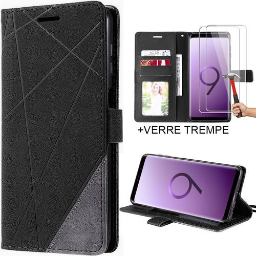 Coque Pour Samsung Galaxy S9 - Protection Support Noir Effet Cuir Et 2 Verres Trempés - E.F.Connection