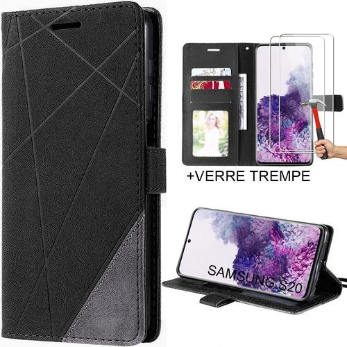 Coque Pour Samsung Galaxy S20 Avec 2 Verres Trempés - Cuir Pu Antichoc Intégral Noir - E.F.Connection