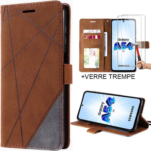 Coque Pour Samsung Galaxy A54 5g + 2 Verres Trempés, Protection Effet Cuir Marron Rabat - E.F.Connection