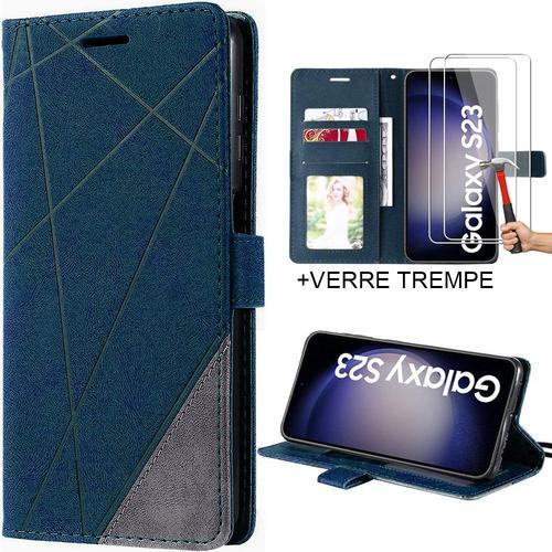 Coque + 2 Verres Trempés Pour Samsung Galaxy S23 - Coque Flip Case Effet Cuir Bleu Marine - E.F.Connection