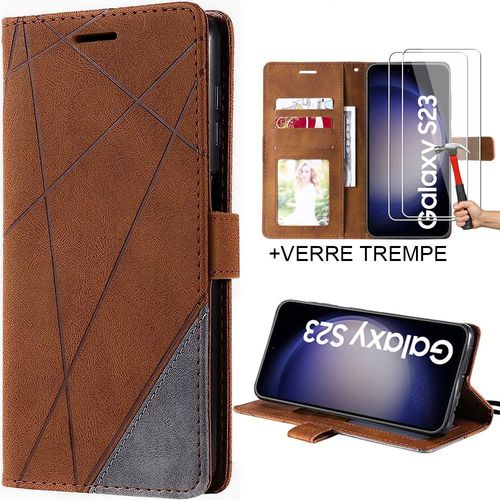 Coque Pour Samsung Galaxy S23 Effet Cuir Motif Rayures Marron + 2 Verres Trempés - E.F.Connection