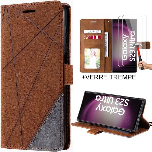 Coque Pour Samsung Galaxy S23 Ultra + 2 Verres Trempés, Effet Cuir Antichoc Intégral Marron - E.F.Connection
