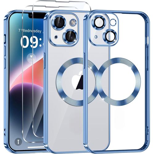 Coque Silicone Pour Iphone 14 Plus Couleur Bleu Compatible Magsafe + 2 Verres Trempe Protection Ecran Little Boutik®