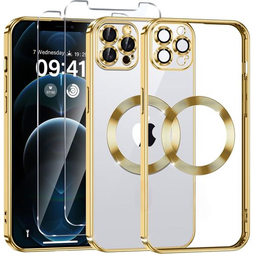 Coque Silicone Pour Iphone 14 Plus Couleur Or Compatible Magsafe + 2 Verres Trempe Protection Ecran Little Boutik®