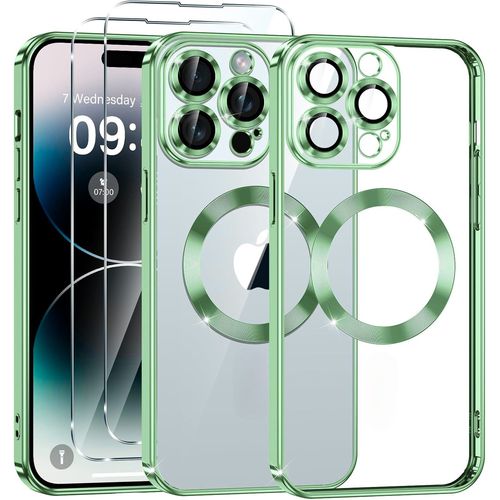 Coque Silicone Pour Iphone 14 Pro Couleur Vert Compatible Magsafe + 2 Verres Trempe Protection Ecran Little Boutik®