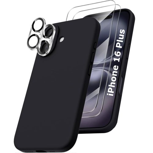 Coque Silicone Noir + Verres Trempes Et Protections Camera Arriere X2 Pour Iphone 16 Plus Little Boutik®
