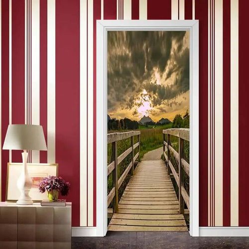 Papier peint auto-adhésif paysage forestier pour portes,impression rétro,bois,autocollant de porte 3D,salon,décoration de chambre à coucher,étanche