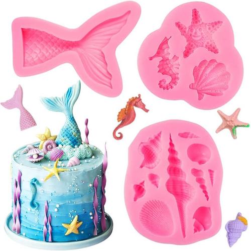 3 Pièces Silicone Pate A Sucre Moule, 3d Silicone Fondant Moules Forme Queue Sirène Coquillage Moule Silicone Fondant Moule Coquillage Diy Marin Moules Pour Décoration Gâteaux, Bonbons, Chocolats