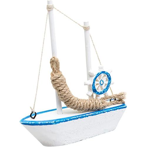 Maquette De Voilier En Bois, 14cm Maquette De Bateau À Voile Avec Filet De Pêche Étoile De Mer Coquillage Modèle De Bateau Oiseau De Mer, Décoration De Table Nautique De Bateau À Voile Méditerranéen-Générique