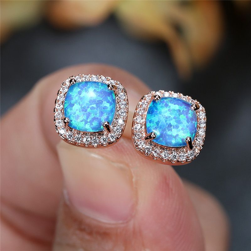 Couleur Or Rose Bleu Opale Boucles D'oreilles En Cristal Pour Femme, Boucles D'oreilles Classiques En Zircon Vert, Boucles D'oreilles Carrées En Pierre, Petites Boucles D'oreilles Pour Femme