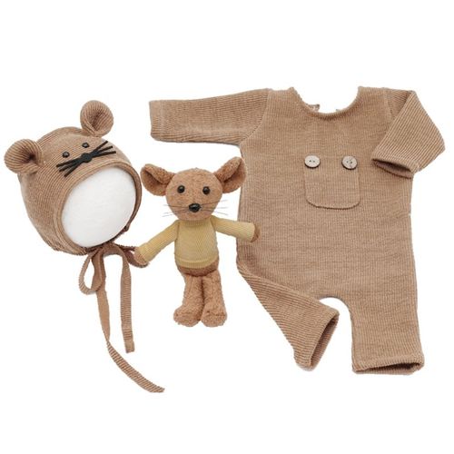 Combinaison Tricotée En Coton Pour Nouveau-Né,Ensemble D'accessoires De Photographie, Bonnet En Souris, Pour Séances Photo, Vêtements Poupée 3 Pièces,