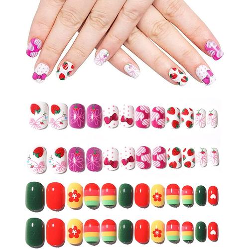 Faux Ongles Pour Enfants, Appuyez Sur Enfants Faux Ongle, 48 Pièces Faux Ongles, Enfants Tip D'ongle, Nail Art Tip Pré Collé Modèle De Bonbons Court Full Cover Auto-Adhésif Ongles 