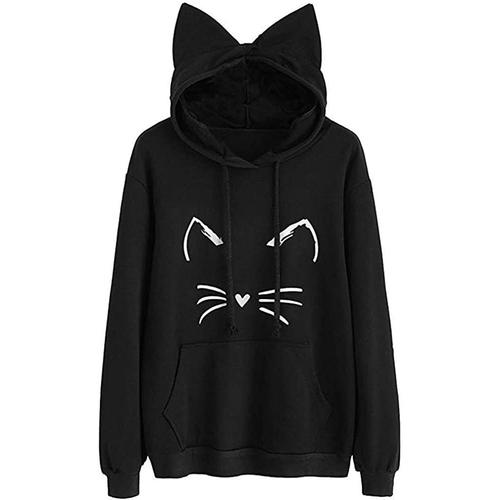 Meilleure Vente! Luckygirls Mode Femme Nouveau Automne Hiver Sweatshirt Femmes Impression De Chat Manche Longue Sweat À Capuche Pullover Sweat-Shirt Chemisier Noir Vin - Maxi - Xl