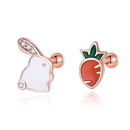 Couleur Or Rose Boucles D'oreilles Asymétriques En Argent Sterling 925 Pour Fille, Bijoux Fins, Lapin, Radis, Vis, Dg0137