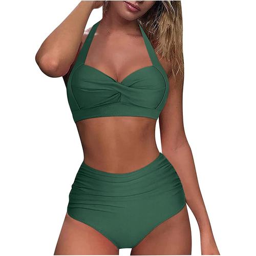 Ruché Femmes Licou Maillot De Bain Haut Vintage Pièce Ensemble Bikini Imprimé Rétro Taille Deux Maillots De Bain Tankinis Ensemble Bikini Enfant Fille Tondeuse Bikini Maillot Secteur