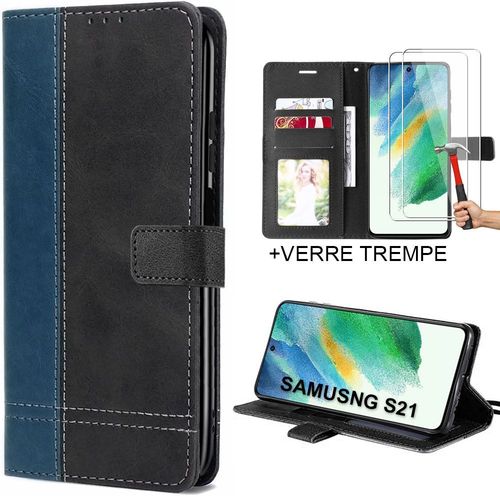 Coque Pour Samsung Galaxy S21 Fe - Protection Bleu Marine Effet Cuir Et 2 Verres Trempés - E.F.Connection