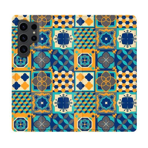 Housse Cuir Portefeuille Pour Samsung Galaxy S23 Ultra Texture Carreau Ciment Orange