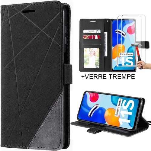 Coque Effet Cuir Pour Xiaomi Redmi Note 11s Housse Antichoc Noir + 2 Verres Trempés - E.F.Connection