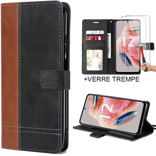 2 Verres Trempés+ Coque Pour Redmi Note 12 5g - Protection Intégrale Effet Cuir Marron/Noir - E.F.Connection