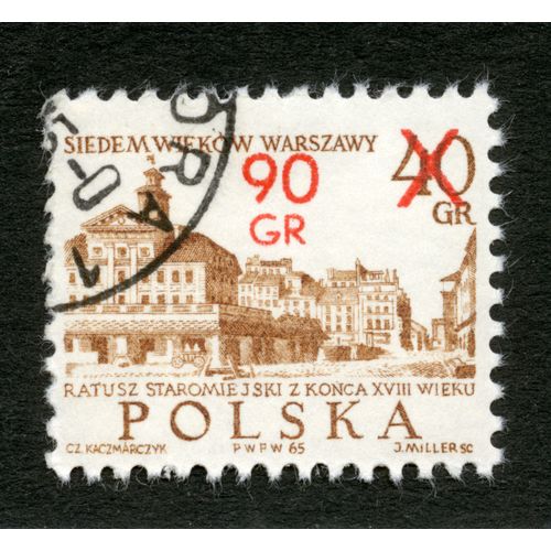 Timbre Oblitéré Polska, Siedem Wiekow Warszawy, Ratusz Staromiejski Z Konca Xviii Wieku, Kaczmarczyk, Miller, 1965, 40 Gr, 90 Gr