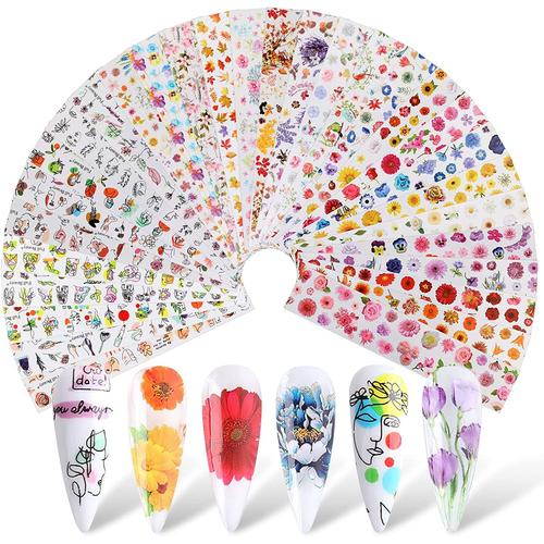 30 Pièces Mixte Autocollant Ongle,Autocollants Transfert Art Ongle,Holographique Nail Autocollant Transfert Foil Stickers Avec Motif De Graffiti Feuille D'érable Fleur(20x4cm) 