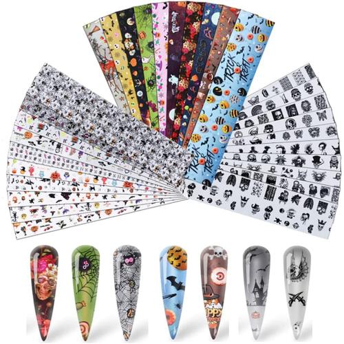 30 Pièces Halloween Autocollant Ongle, Autocollants Transfert Art Ongle, Nail Autocollant Transfert Foil Stickers,Holographique Nail Foil Décoration Accessoires(20x4cm) 