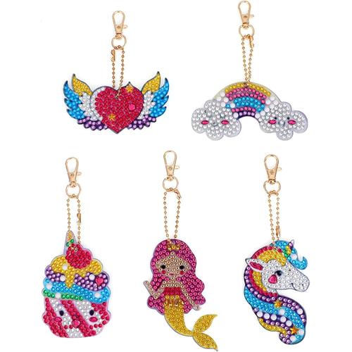 5 Pièces Porte-Clés Peinture Au Diamant,5d Diamond Art Painting Porte Clé Kit, Sirène Nuages Licorne Angel Wings Strass Peinture Porte-Clés Ornement Pour Sac Décoration